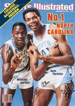 1983 Michael Jordan and University of North Carolina Team Signed Sports Illustrated November 28, 1983 Promotional Poster With 15 Signatures Including Jordan, Perkins, Daugherty & Kenny Smith (JSA)